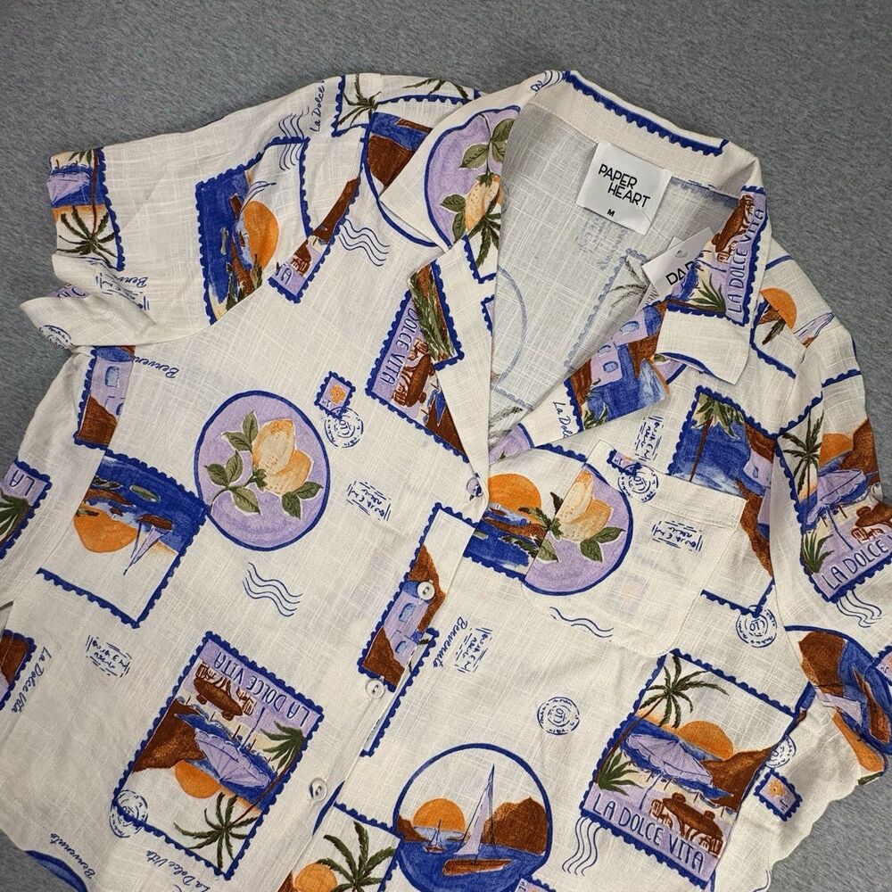 Paper Heart Tropical Stamp Print Camp Shirt Linen Blend Oversized Womens M NWT